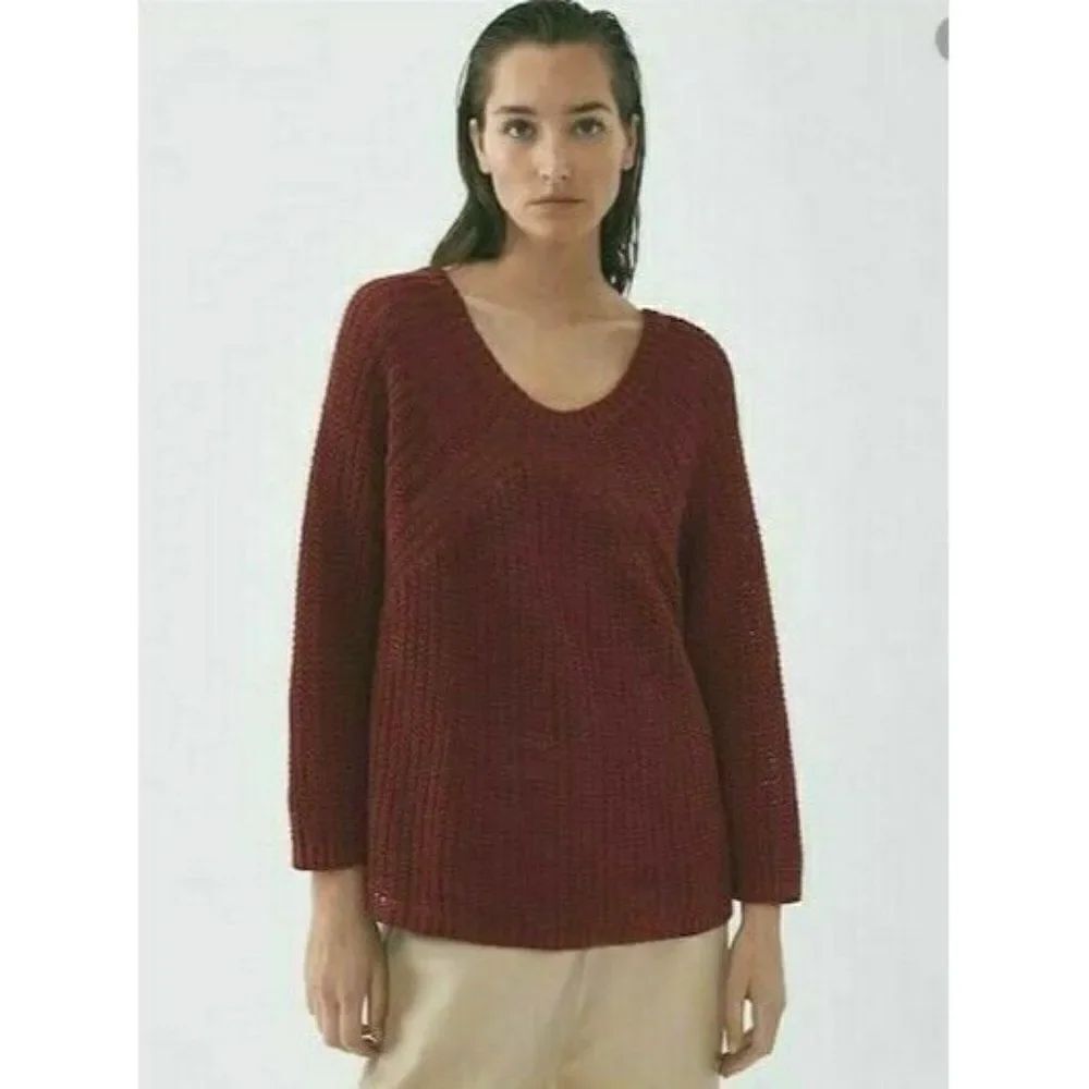 Massimo Dutti Womens Linen Chunky Sweater S Maroon